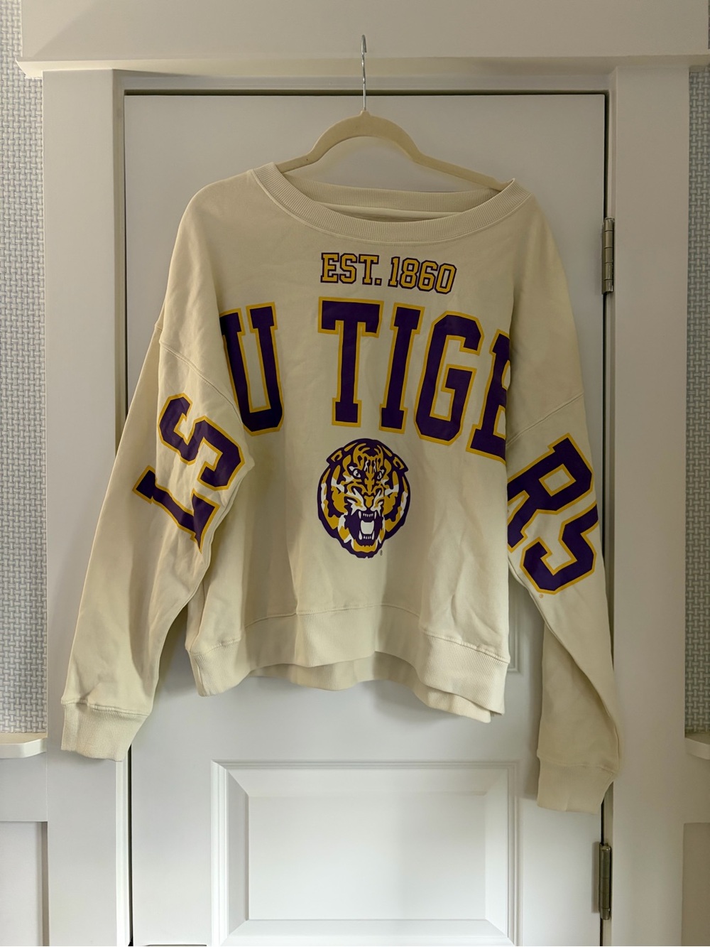 LSU Cream Tigers Graphic Crewneck Sweatshirt with Purple & Gold Details
